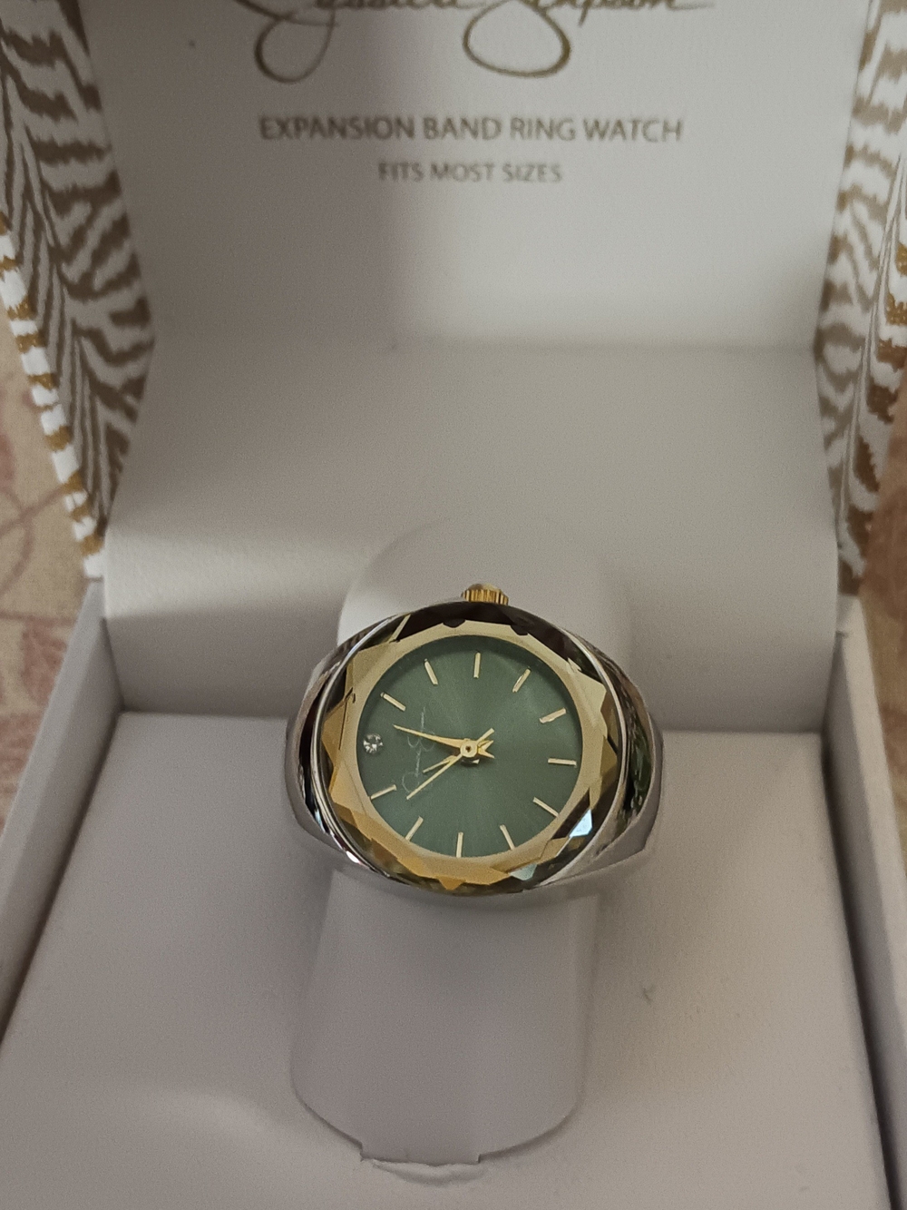 Jessica Simpson Two-Tone Ring Watch with Green Dial